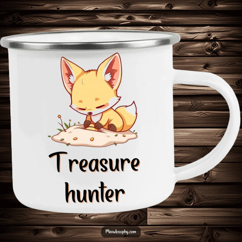 Funny Fennec Fox Camping Mug shows a cute fox with oversized ears, enthusiastically burying a tiny treasure, perfect for rugged exploration.