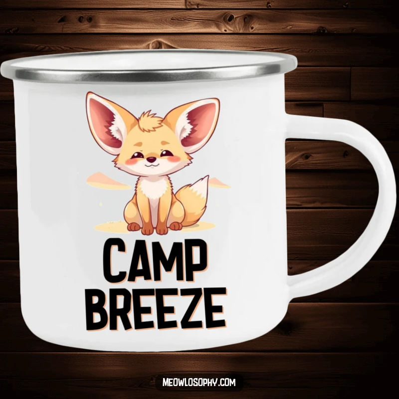 Funny Fennec Fox Camping Mug depicts a cute fox with ears spread wide, blissfully enjoying a desert breeze, ready for outdoor peace.
