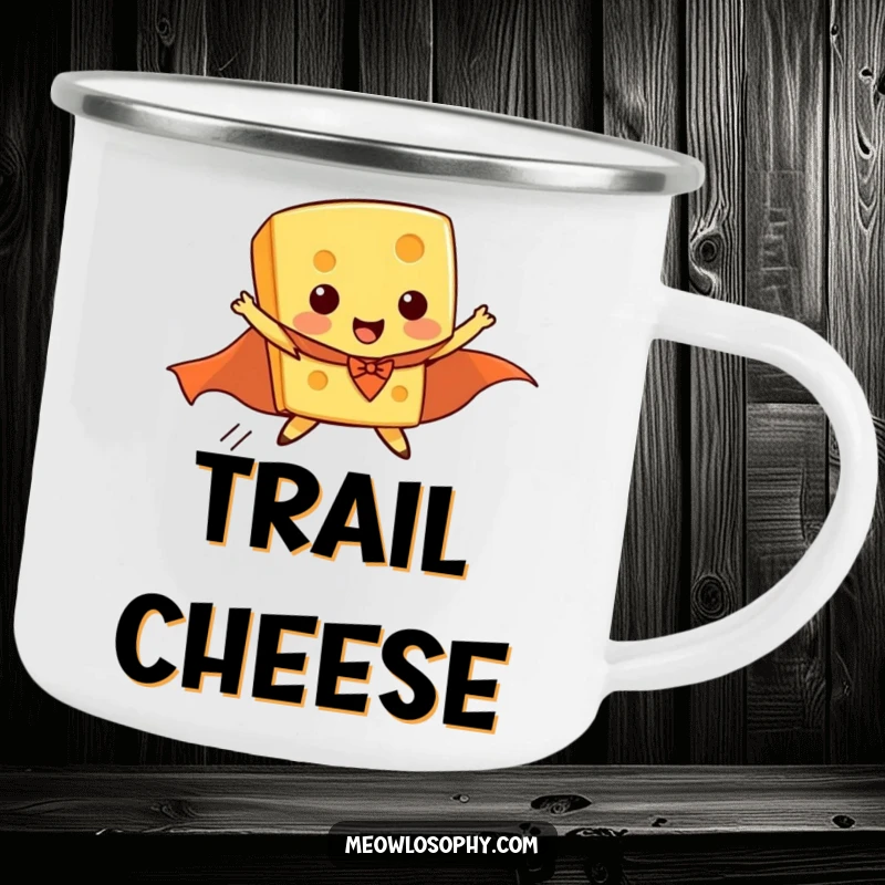 Funny camping mug graphic of a piece of cheese wearing a superhero cape, comically attempting to fly.