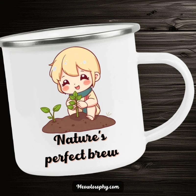 Funny camping mug featuring a cute character tending a miniature garden and smiling at a sprout, perfect for enjoying drinks outdoors.