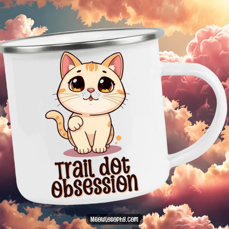 Funny cat camping mug with a wide-eyed character chasing a laser pointer dot in a circle, humorous outdoor drinkware.