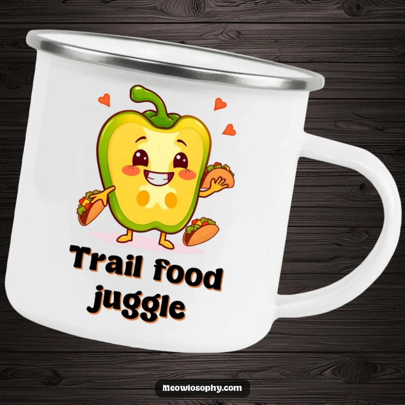 Funny Pepper Camping Mug with a grinning bell pepper slice juggling tacos, perfect for outdoor brews.