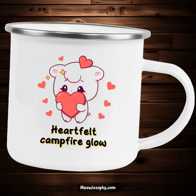Funny camping mug featuring a cute character with stars in its eyes, holding a big, red heart, perfect for loving outdoor adventures.