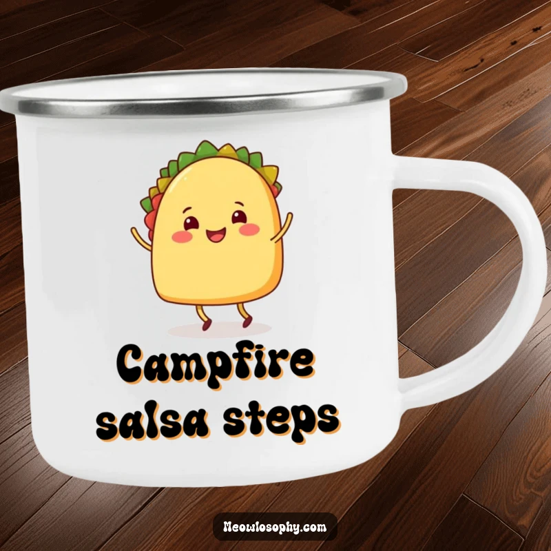 Funny Camping Mug showing a happy taco character with legs doing a lively shuffle dance, for outdoor fun and festive drinks.