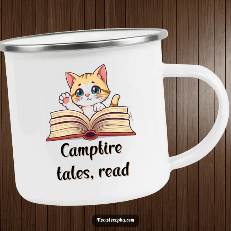 Funny camping mug featuring a curious cat peeking through a book, paw raised, perfect for outdoor contemplation.