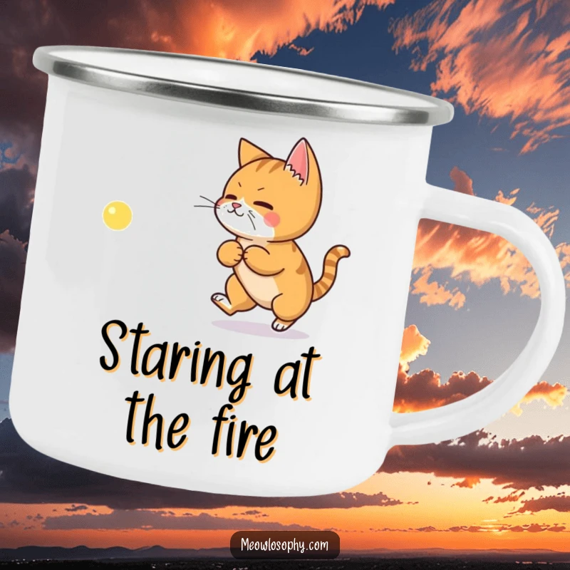Funny camping mug featuring a ginger cat chasing a philosophical laser dot, perfect for outdoor contemplation.