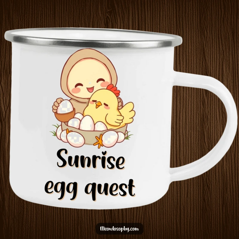 Funny camping mug showing a character collecting eggs from a sleepy, cartoonish chicken. Durable and humorous for outdoor use.