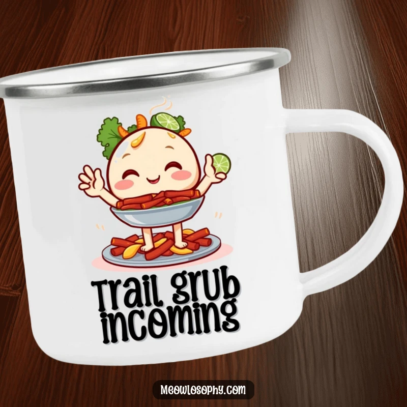 Funny Fajita Platter Camp Mug featuring a happy food character and two tiny lime wedges waving, ideal for outdoor enthusiasts seeking humor.