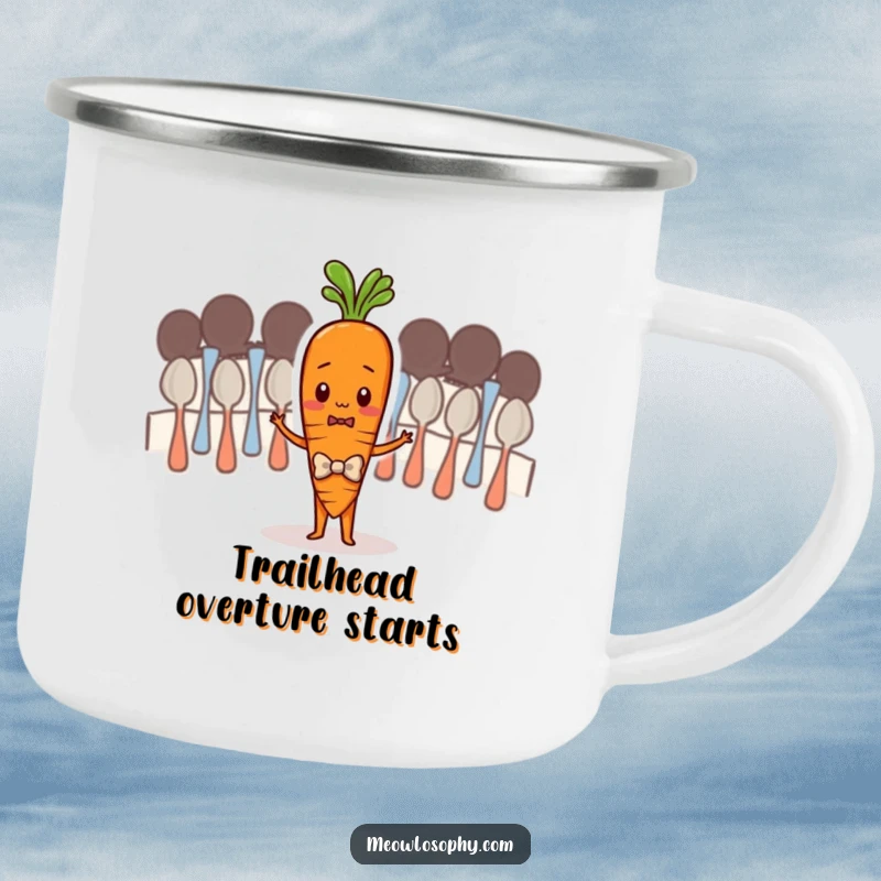 Funny camping mug with a shy carrot in a bowtie conducting a spoon orchestra, ideal for outdoor enthusiasts with a sense of humor.