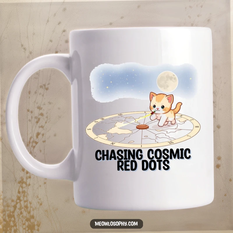 Funny playful kitten mug, excitedly chasing a laser pointer beam across a vibrant celestial map, showcasing cosmic curiosity.