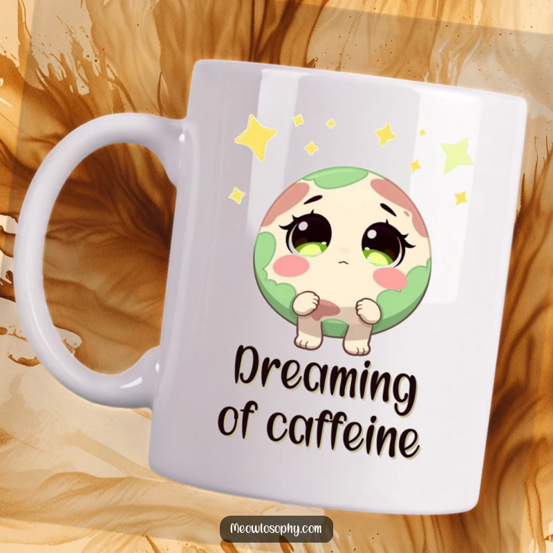 Funny Earth character with wide, sparkling eyes looking up at shooting stars, on a mug, inspiring wonder and dreams.