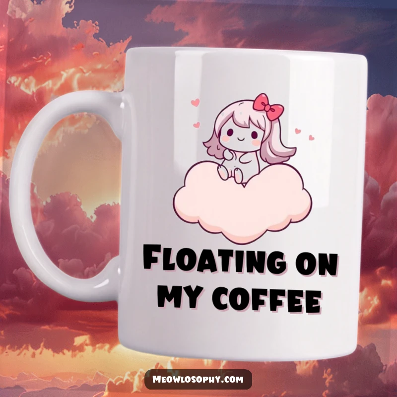 Funny mug featuring a kawaii character joyfully riding on a cloud shaped like a heart, embodying pure bliss and happiness.