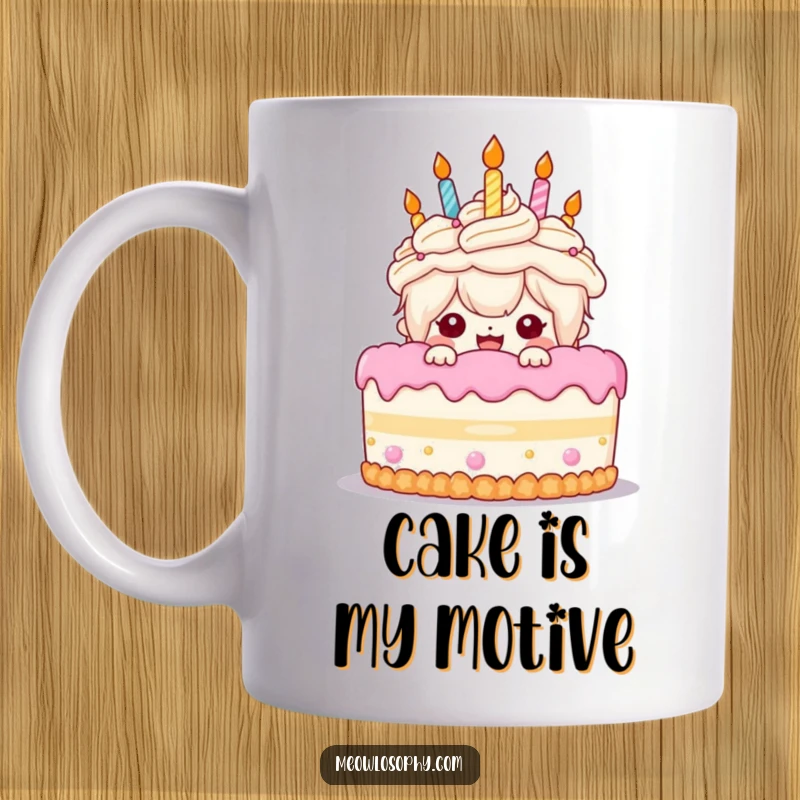 Funny Birthday Cake Mug: A kawaii character with gleeful eyes peeks from behind a huge birthday cake, ready for fun.