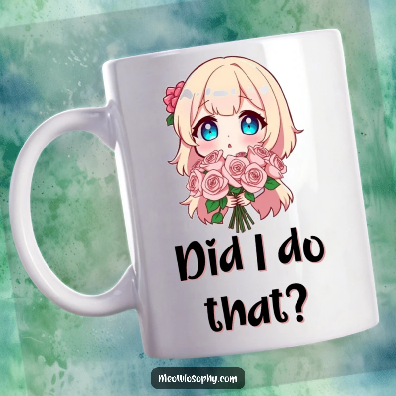 Funny mug featuring a character with a comically shocked face, clutching a bouquet of sparkling roses, perfect for a surprise gift.