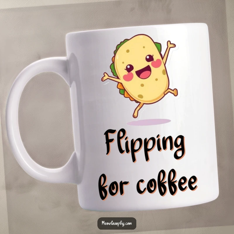 Funny Tortilla Mug doing a joyful cartwheel with a flourish, celebrating food and energetic fun.