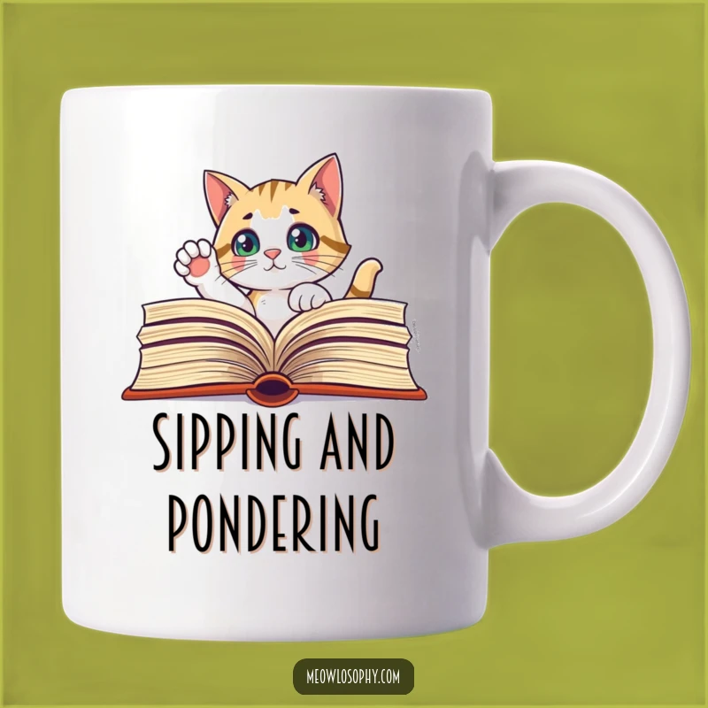 Funny Curious Cat Book Mug - Thoughtful Paw Raise, Reader Gift