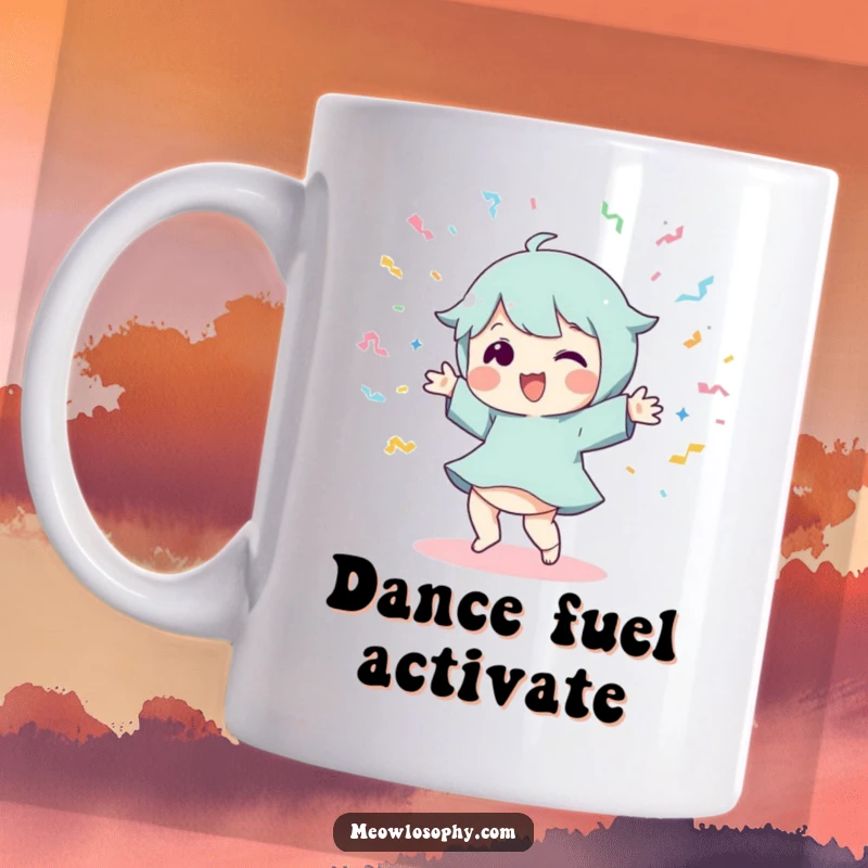 Funny Dancer Mug: A playful character performs a silly dance move amidst a flurry of colorful flying streamers.