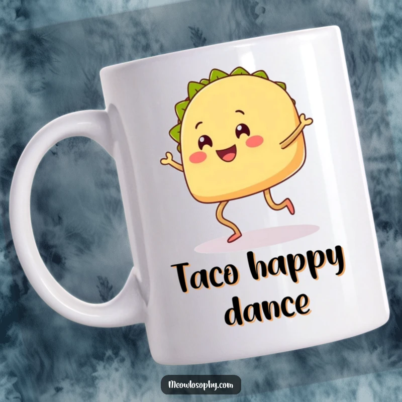 Funny Taco Mug with legs smiling and doing a happy shuffle dance, celebrating food and fun.