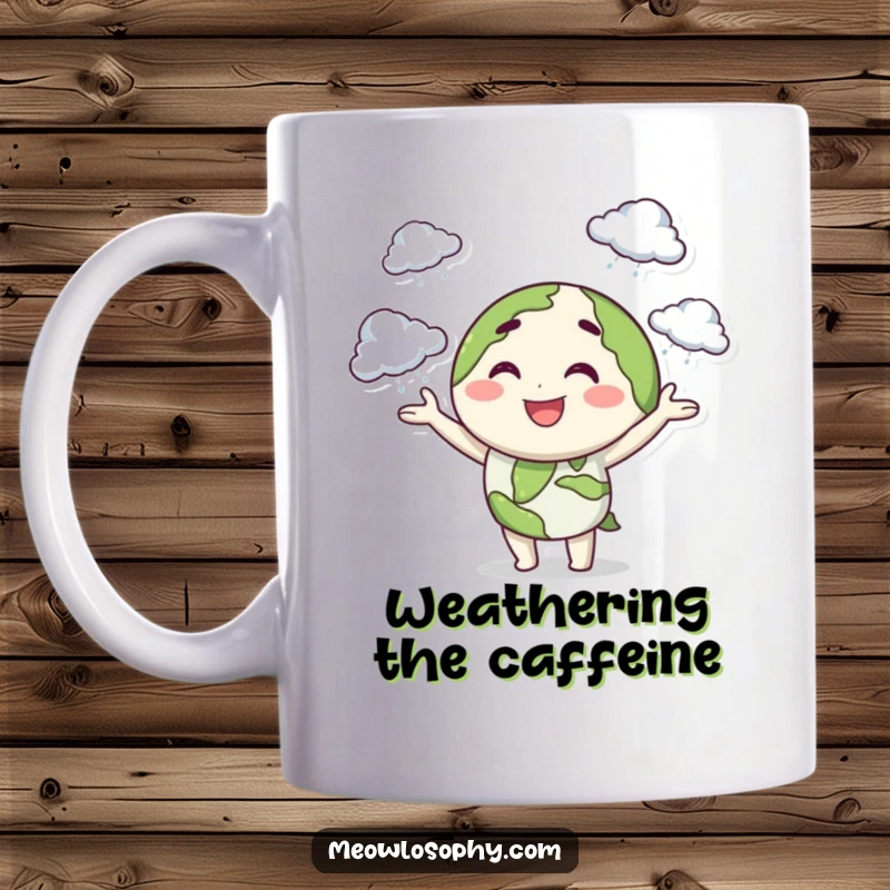 Funny mug featuring a smiling earth character playfully juggling small, dark storm clouds with a mischievous wink.
