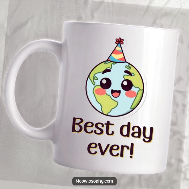 Funny ceramic mug featuring a stylized happy earth character wearing a party hat, looking surprised and ready for fun.