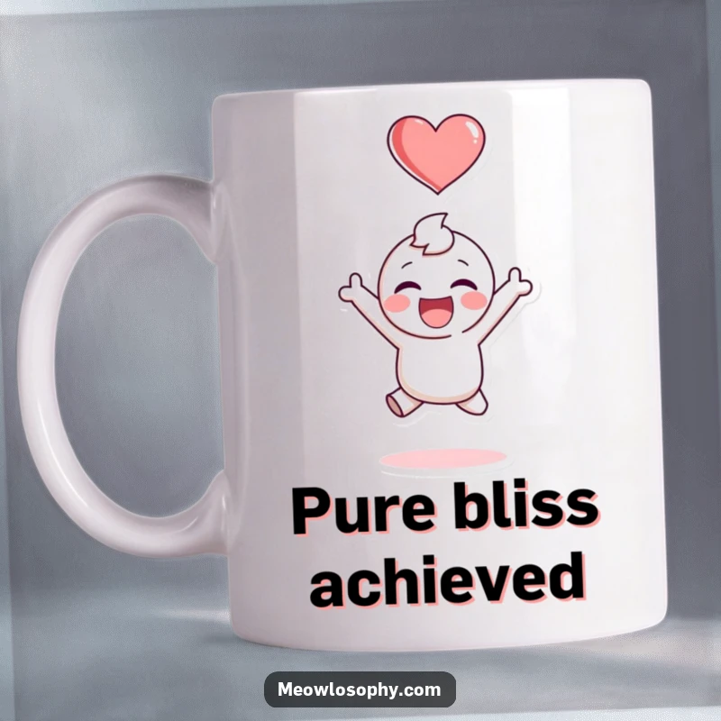 Funny mug featuring an adorable character jumping with joy, a heart floating above its head, symbolizing pure happiness and a great gift.