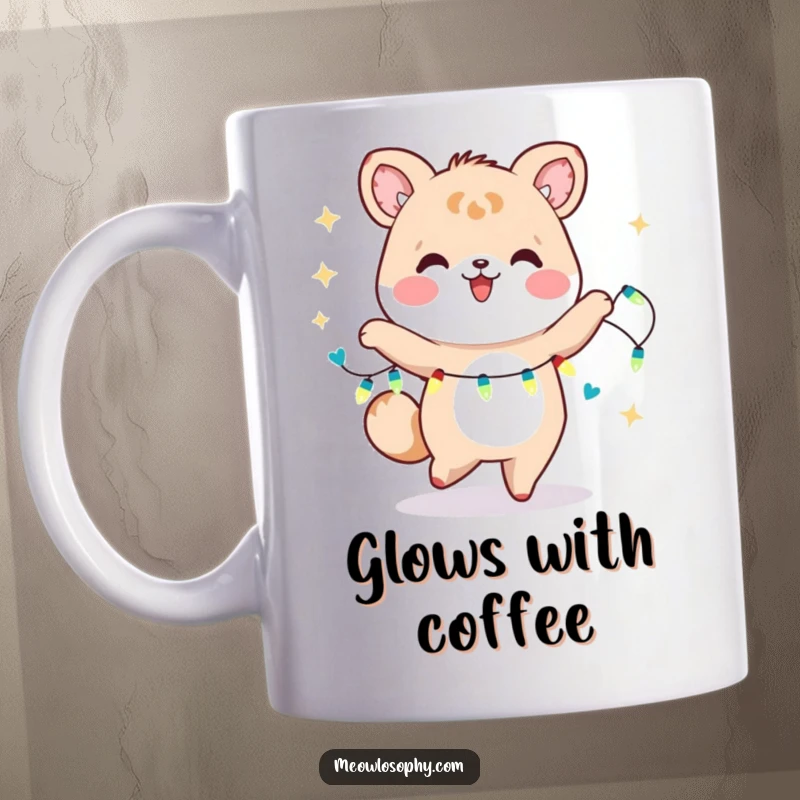 Funny Kawaii Animal Dancer Mug, joyfully dancing with a glowing string of fairy lights. A bright and humorous gift for cheerful people.