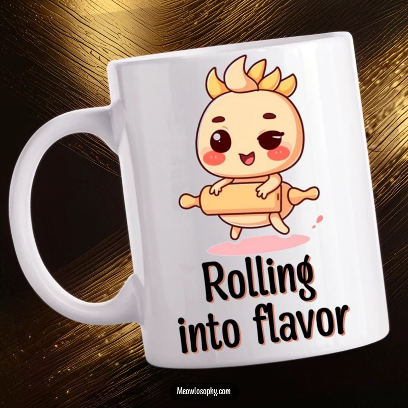 Funny Kawaii Fajita Mug winking while riding a miniature rolling pin, celebrating cute food adventures.