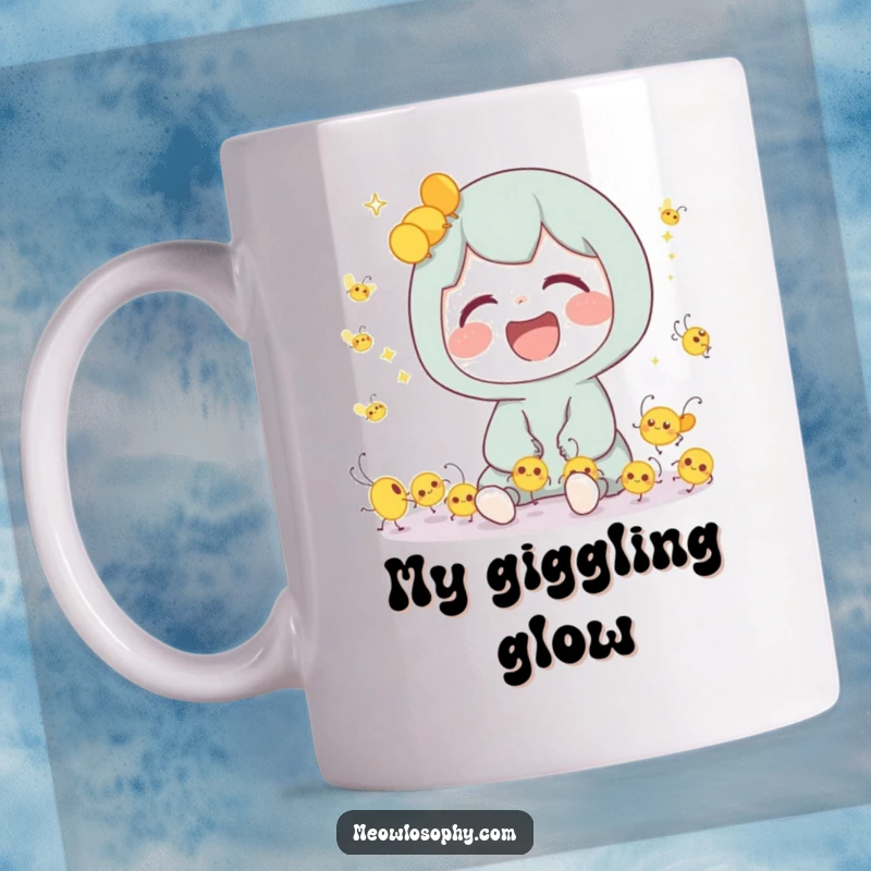 Funny Mug featuring a cute character laughing heartily with a group of tiny, luminous fireflies dancing gleefully nearby.