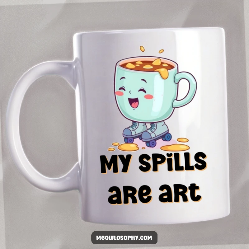 Funny coffee mug with wheels, comically spilling coffee, wearing tiny roller skates, conveying a playful disaster.