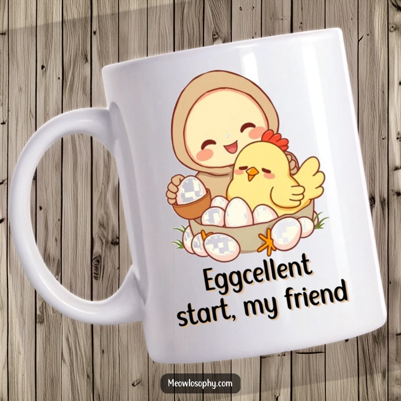 Funny mug with a smiling character gently collecting eggs from a comically sleepy, cartoonish chicken. Perfect for farm humor lovers.