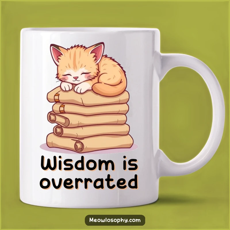 Funny Sleepy Kitten Mug: Wise Cat on Scrolls, Perfect 'Nap Time' Gift