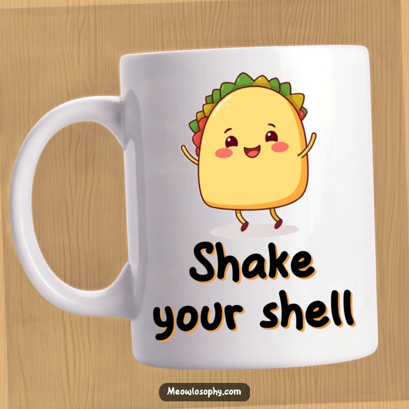 Funny Mug with a happy taco character with legs doing a joyful shuffle dance, spreading edible merriment.