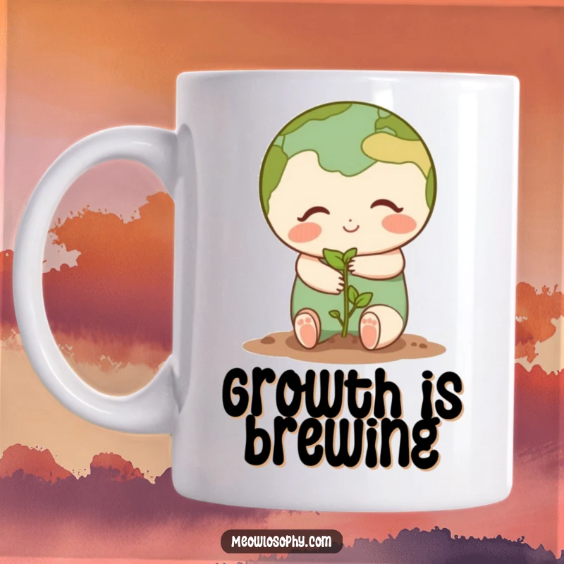 Cute Earth character sharing a gentle hug with a tiny seedling on a mug, symbolizing love, growth, and nature.