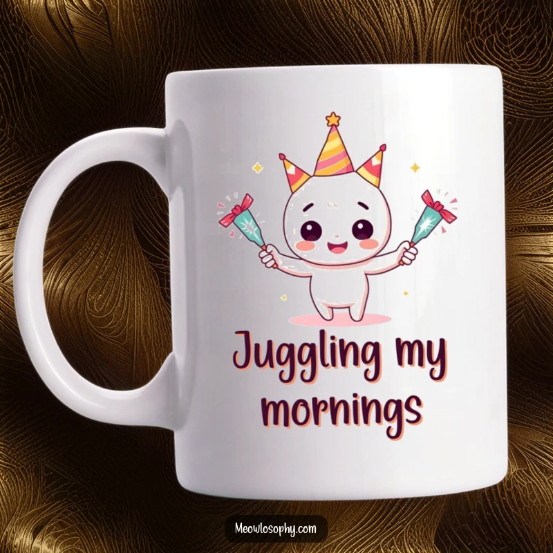 Funny Adorable Juggler Mug showing a character grinning while juggling three sparkling party crackers. A humorous and festive gift.