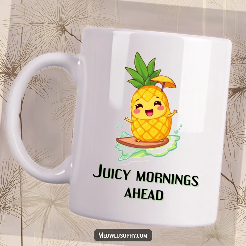Funny mug featuring a giggling pineapple with an umbrella surfing a lemonade wave, embodying pure tropical joy and humor.