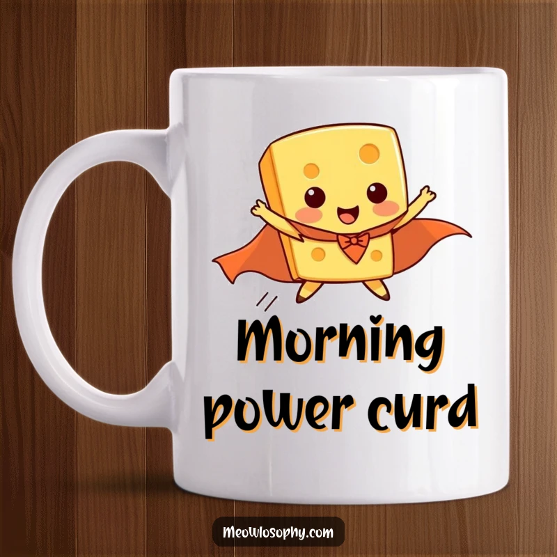 Funny mug art of a piece of cheese wearing a superhero cape, comically attempting to fly with determination.