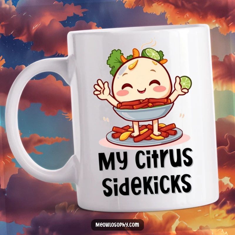 Funny Fajita Platter Mug featuring a happy character with two tiny lime wedges joyfully waving, perfect for spicy food lovers.