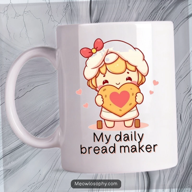 Funny kawaii character happily baking a tiny heart-shaped loaf of bread, perfect for a baking enthusiast's mug.