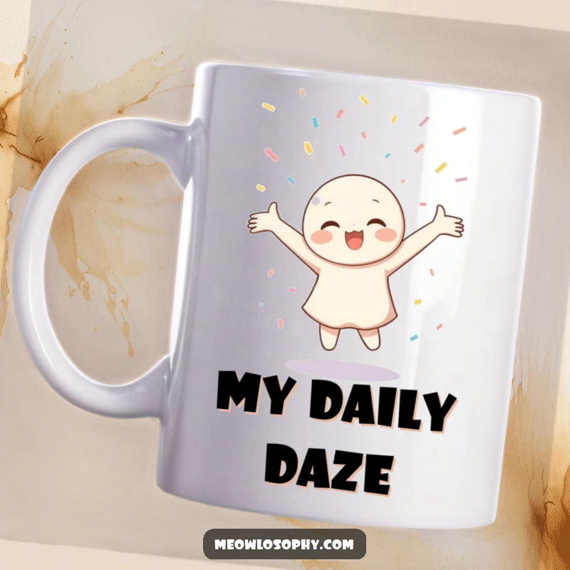 Funny Mug showing a happy character with arms wide open, twirling joyfully amid a gentle shower of colorful confetti.
