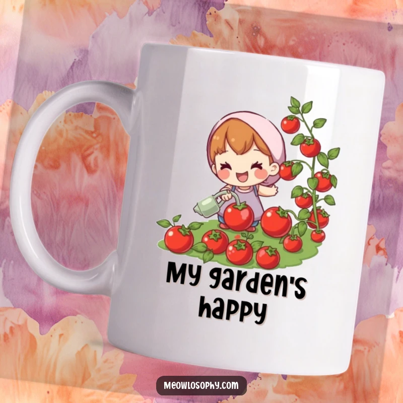Funny mug showing a joyful character watering a patch of plump, red tomatoes. Perfect for garden lovers and tomato enthusiasts.