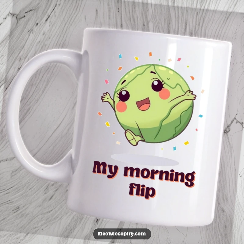 Funny Earth character joyfully doing a cartwheel, leaving a trail of confetti, on a mug, celebrating fun and energy.