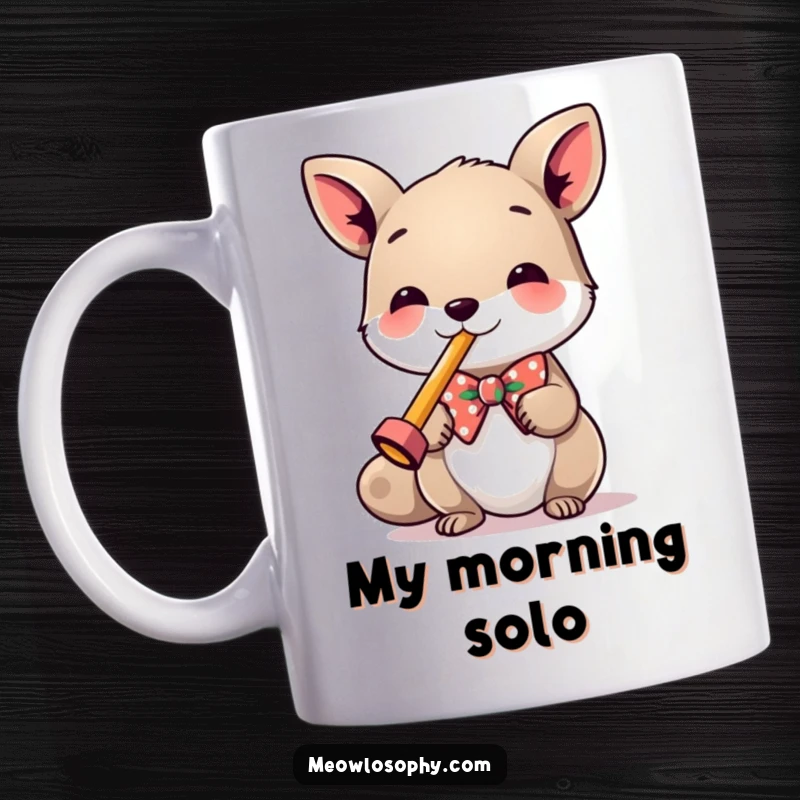 Funny Mug featuring a cool animal in a festive bowtie, joyfully playing a miniature kazoo with musical notes flying.