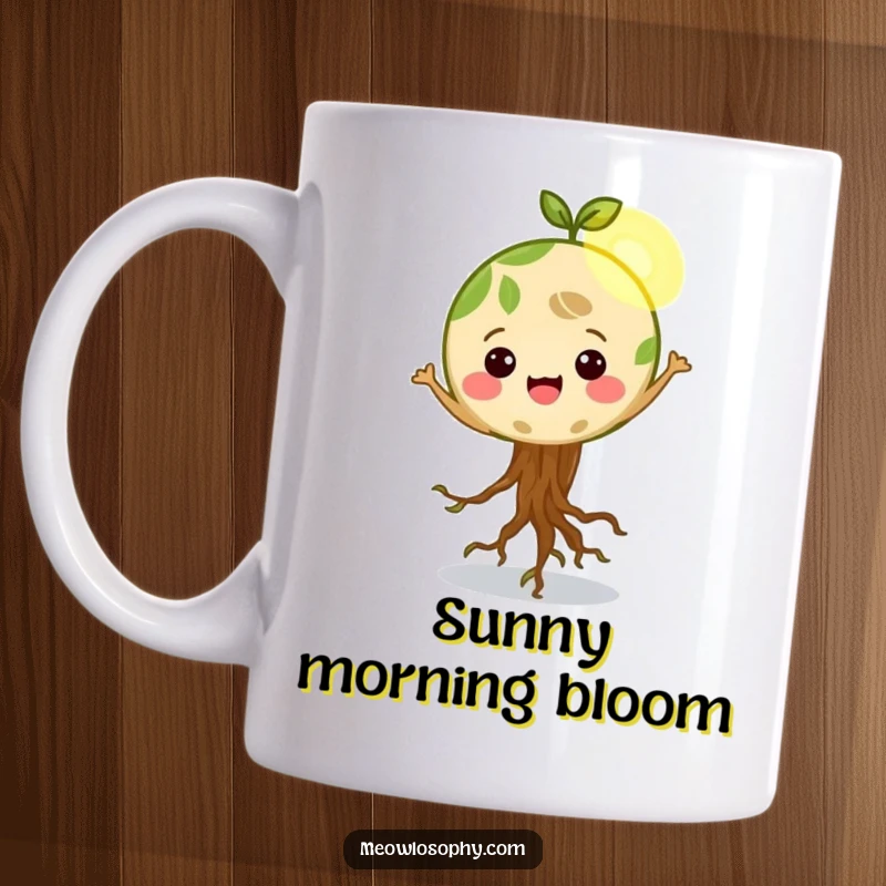 Funny Happy Earth character with roots wiggling, dancing joyfully in a sunbeam, perfect for a mug, representing planet love.
