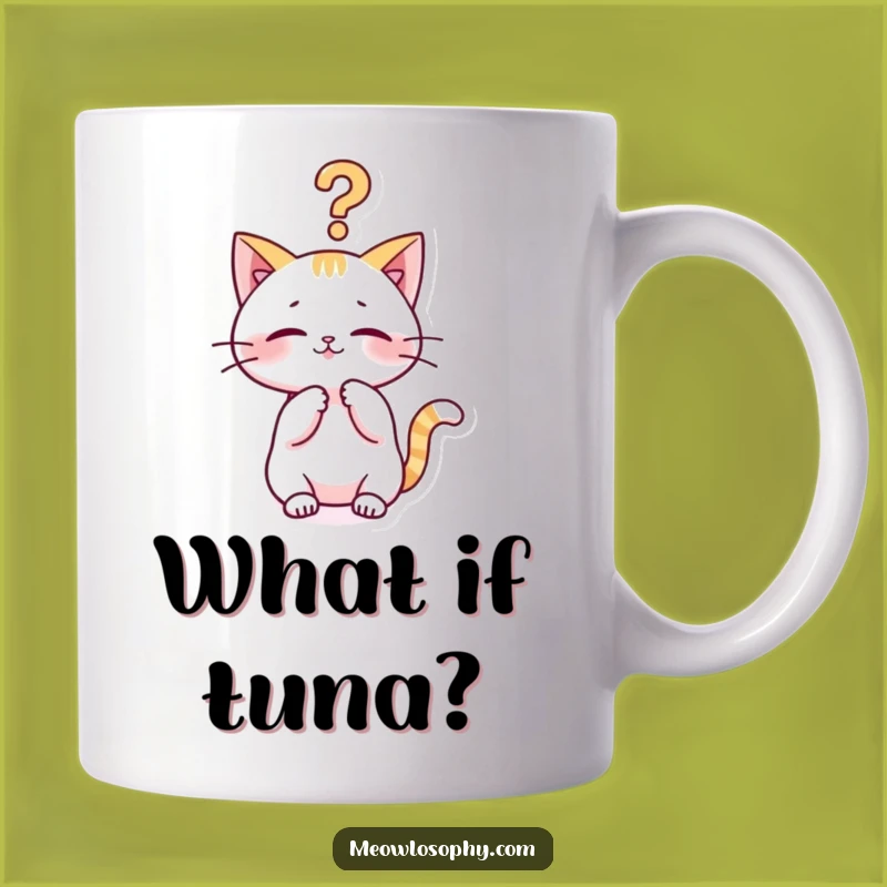 Funny Kawaii Cat Mug: Pondering Questions with Playful Feline Charm