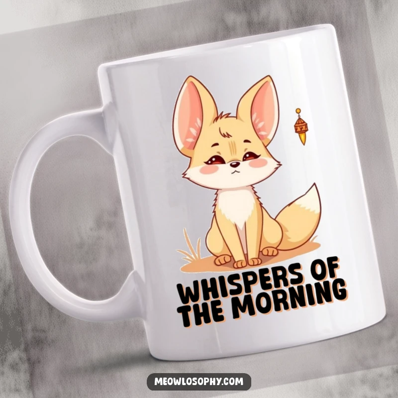 Funny Kawaii Fennec fox mug with a cute fennec fox whose ears are twitching, listening intently to a distant desert wind chime.
