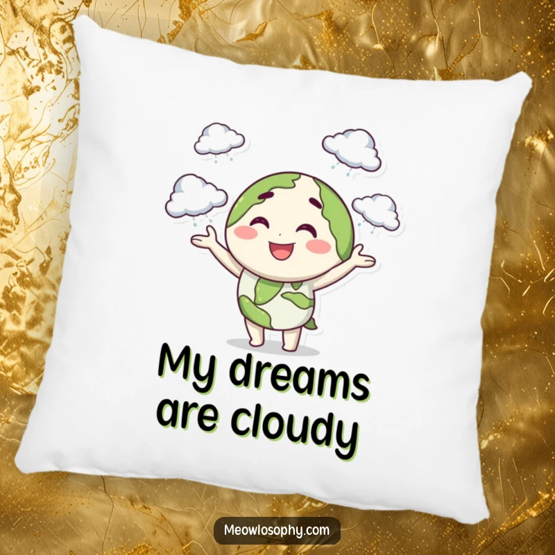 Funny decorative pillow with a smiling earth character juggling tiny storm clouds with a playful wink, ideal for cozy whimsy.