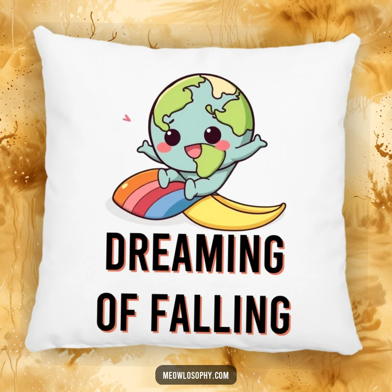 Funny decorative pillow with a kawaii earth character slipping on a rainbow banana peel, perfect for cozy, humorous appeal.