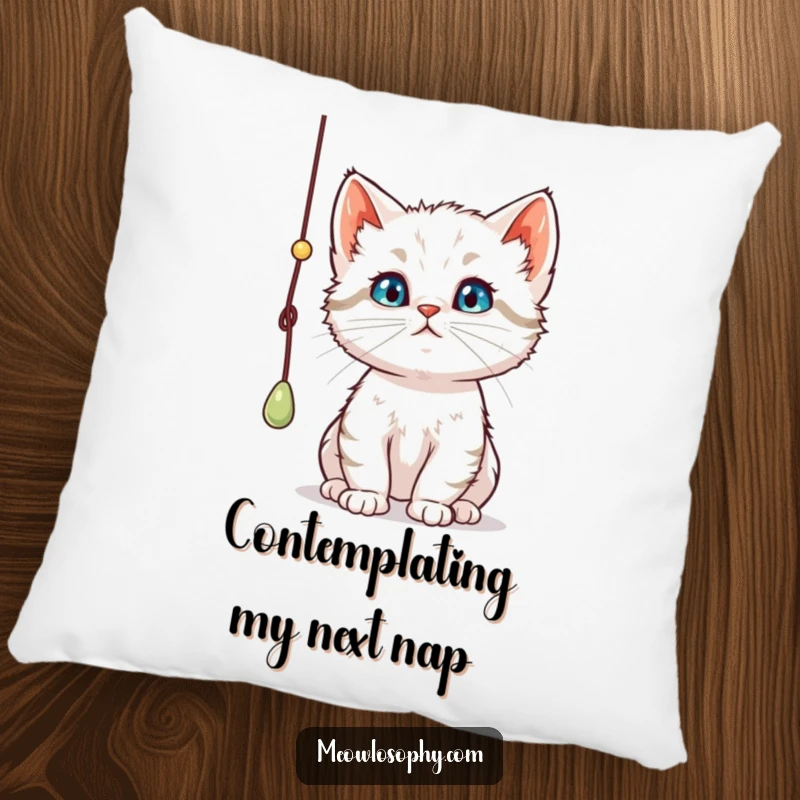 Funny curious kitten pillow, depicting a thoughtful cat batting a dangling string, offering comfort and a dose of humor.