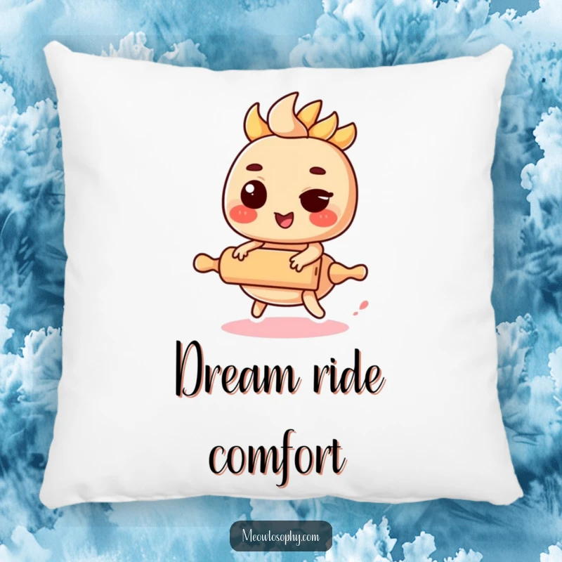 Funny Kawaii Fajita Pillow with a winking fajita filling riding a miniature rolling pin, adding comfort and charm.