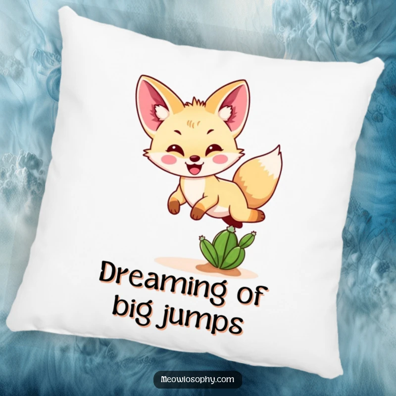 Funny Fennec fox pillow with a happy fennec fox leaping over a tiny cactus, adding a touch of desert humor to any room.